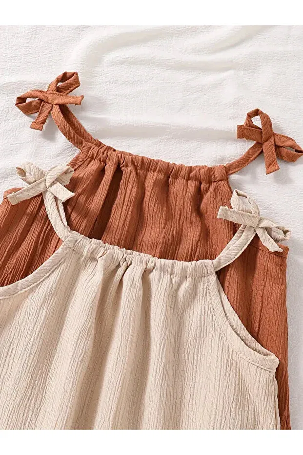 Детское платье для девочек с оборками Relaxed cut ruffled rope strap woven fabric 2-piece children's dress Machetta, Brown-Stone Color — фото 3