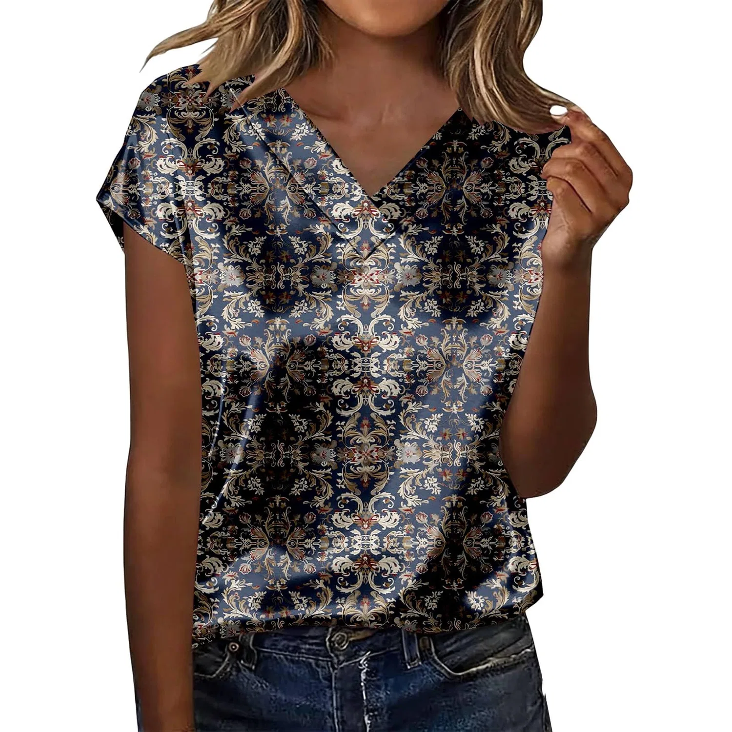 Женская блузка с коротким рукавом из шелкового сатина, Z22-navy Satin Blouses for Women