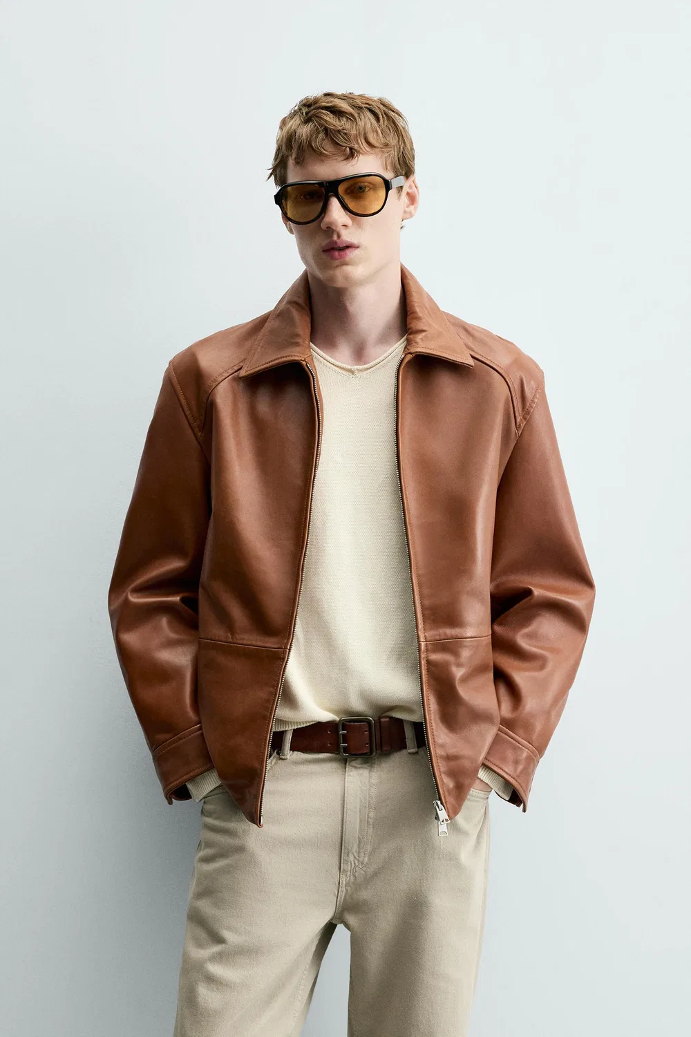 Кожаная куртка стандартного кроя ZARA, Brandy — фото 2