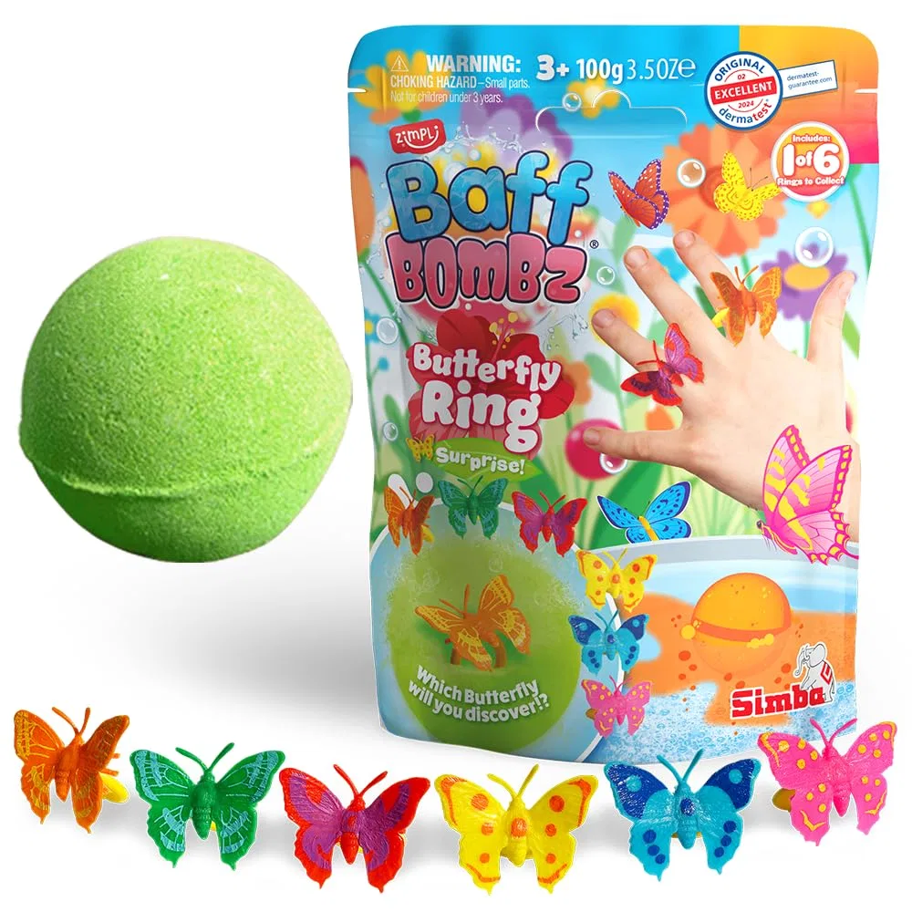 Бомбочка для ванны с сюрпризом-кольцом «Бабочка», ZIMPLI, 100 г, Purple, Orange, Green, Red, Pink, Blue