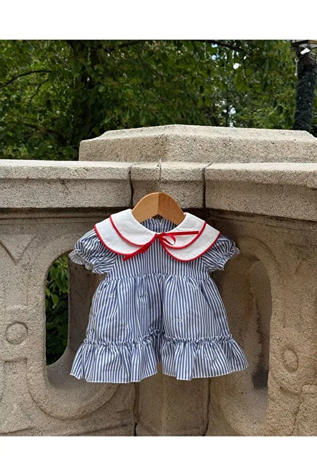 Детское платье для девочек с воланами Marine Red Piping Baby Collar Dress Set Moonstarkids, Blue And White Striped