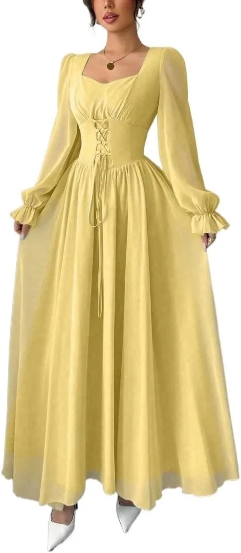 Женское элегантное платье A-силуэта с кружевной шнуровкой, Yellow