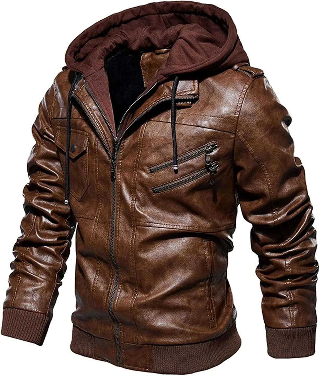 Мужская куртка из экокожи с капюшоном, модель Motorcycle Bomber, кофейный — фото 3