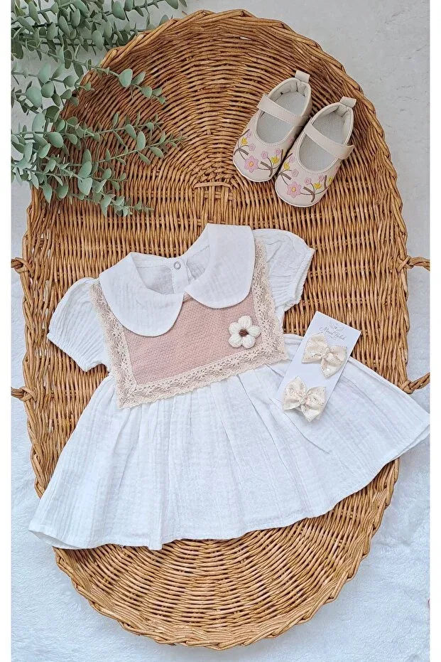 Детское платье для девочек с принтом Daisy Embroidered Baby Collar Muslin Baby Dress Masalbebek_Tr, White