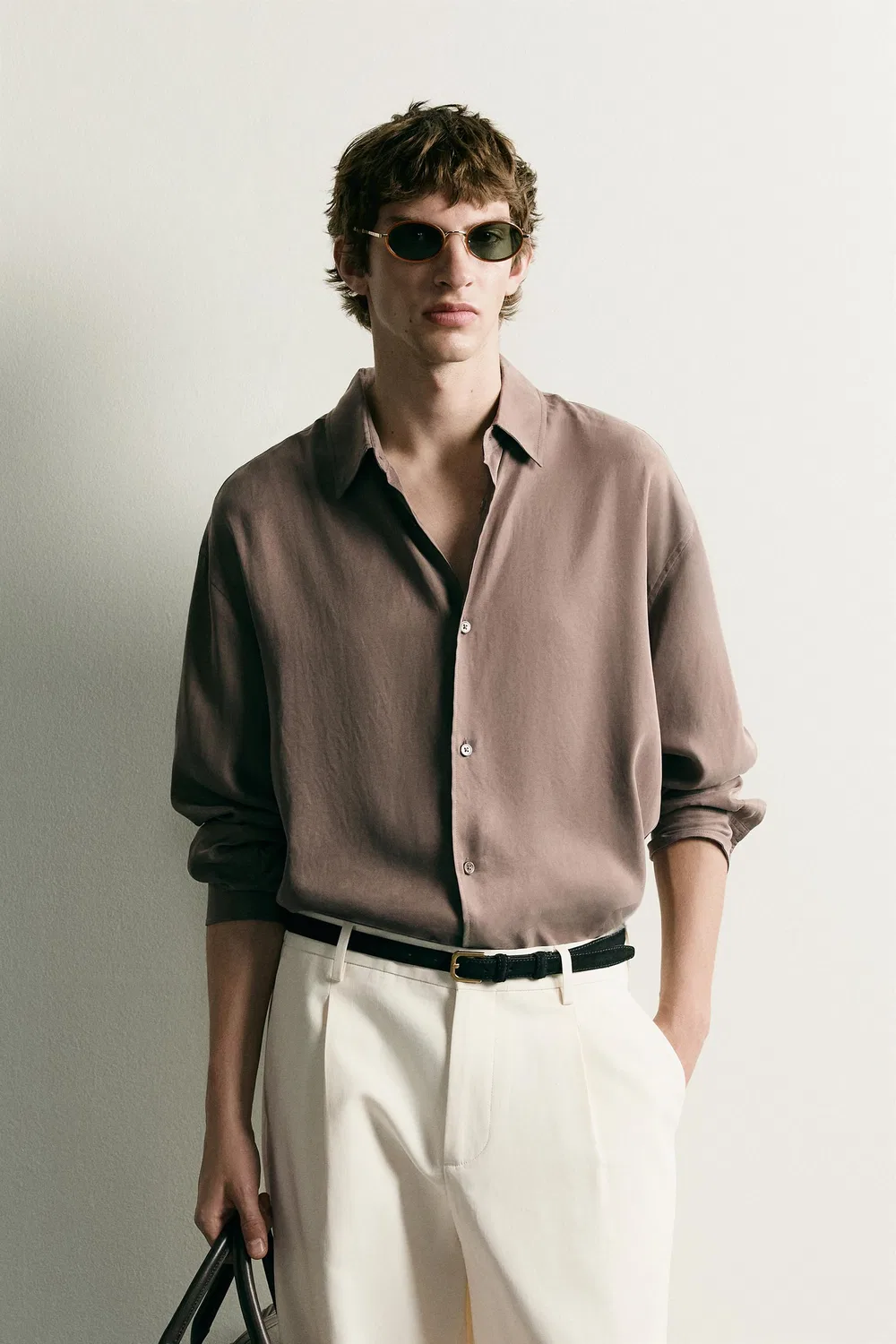 Свободная, струящаяся рубашка ZARA, Taupe grey — фото 2