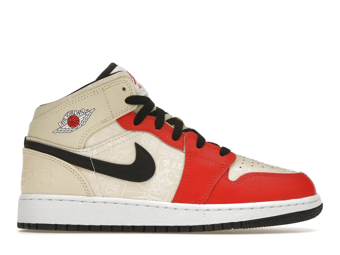 Детские кроссовки для мальчиков с высоким берцем Jordan 1 Mid SS '88 Dunk Contest (GS) Jordan, Muslin/Black/White/Chile Red