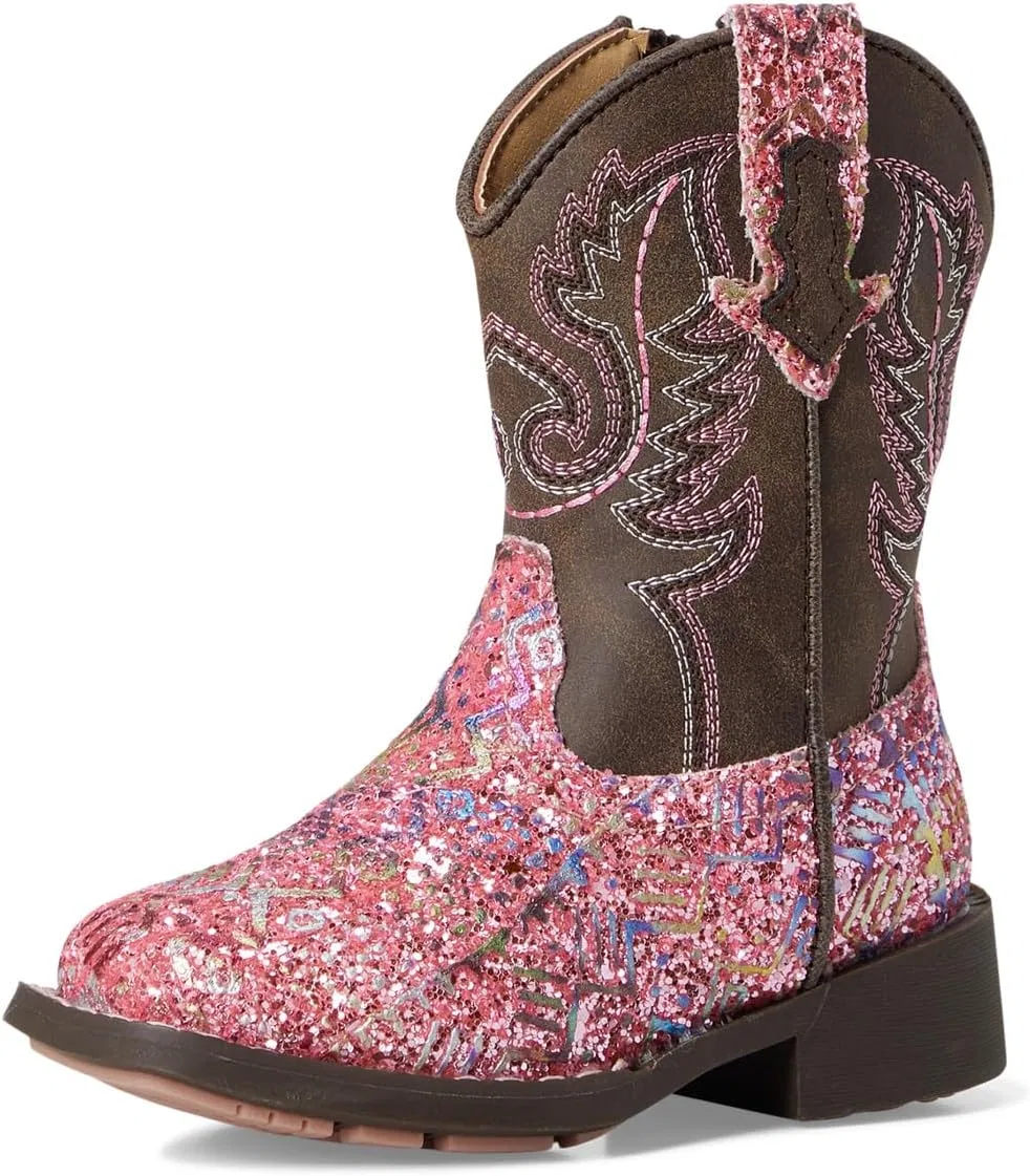 Детские ботинки для девочек с блестками Glitter Aztec Tin Haul, Pink Southwest Glitter Vamp/Brown Shaft — фото 2