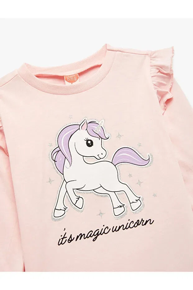 Детская футболка для девочек с принтом Unicorn Printed Cotton Long Sleeve Crew Neck Koton, Rose — фото 3