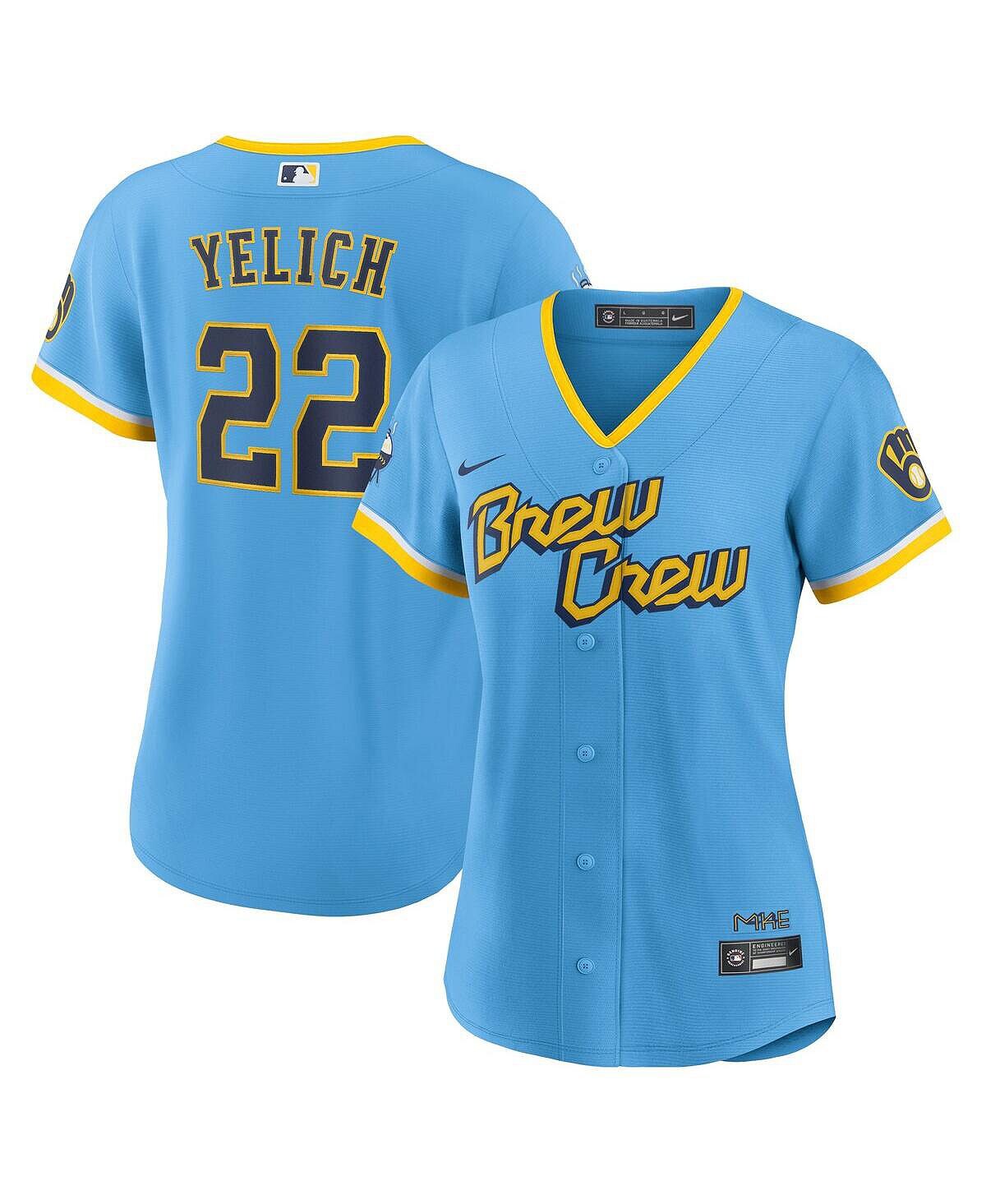 

Женская футболка christian yelich powder blue milwaukee brewers 2022 city connect replica player jersey Nike, синий