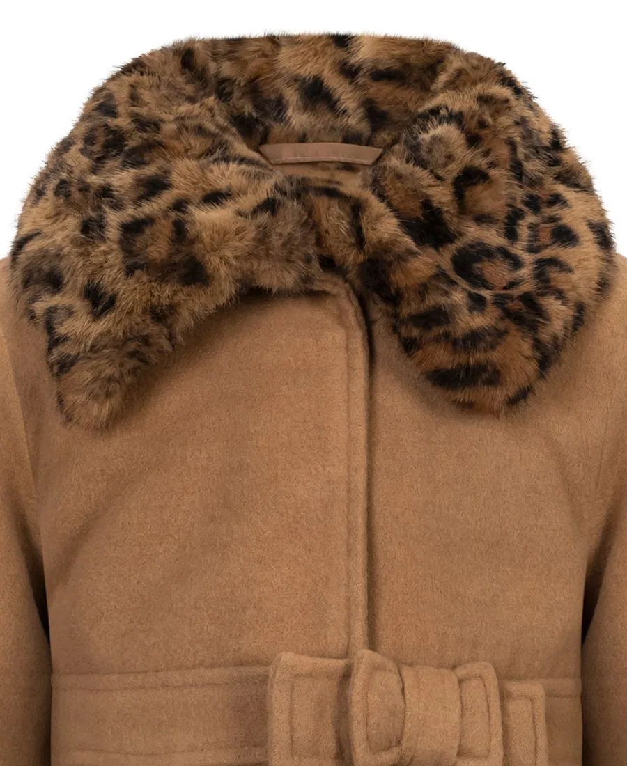 Пальто детское с двойным бантом и меховым воротником S Rothschild & CO, Camel Leopard — фото 3