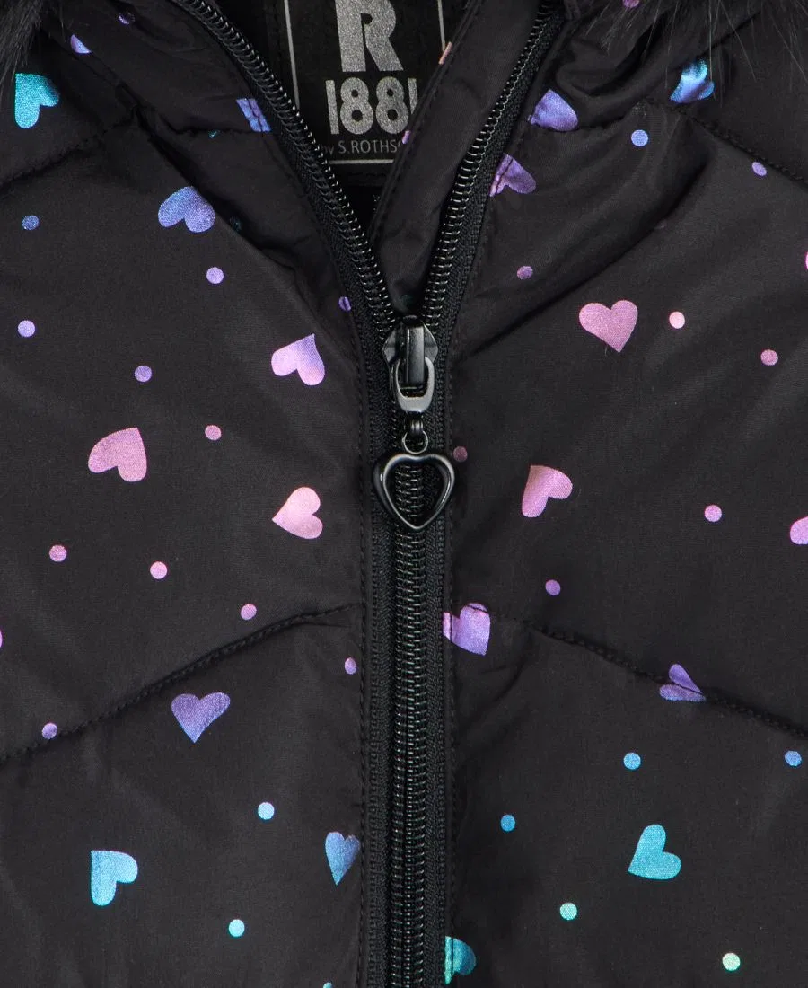 Детская куртка-пуховик стеганая с принтом, модель Foil Quilted Puffer Jacket With Faux-Fur-Trim Hood S Rothschild & CO, Black Rainbow Hearts — фото 3