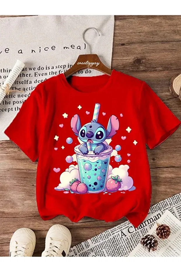 Детская футболка для мальчиков с принтом Stitch strawberry printed Oneagılyazı, Red