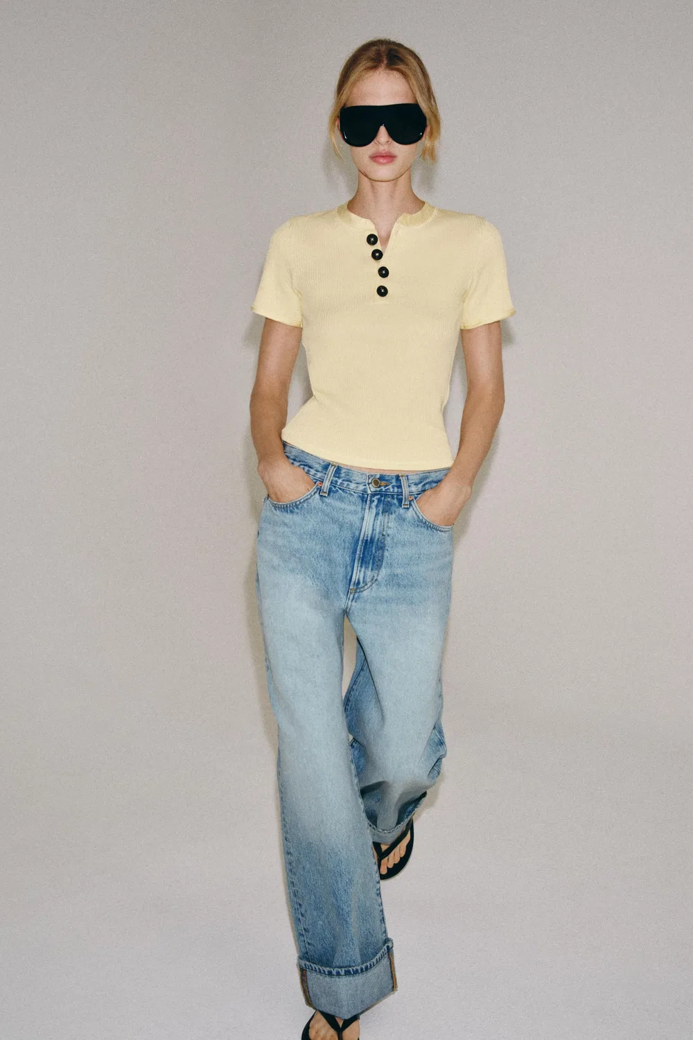 Хлопковая футболка с пуговицами ZARA, Lemon
