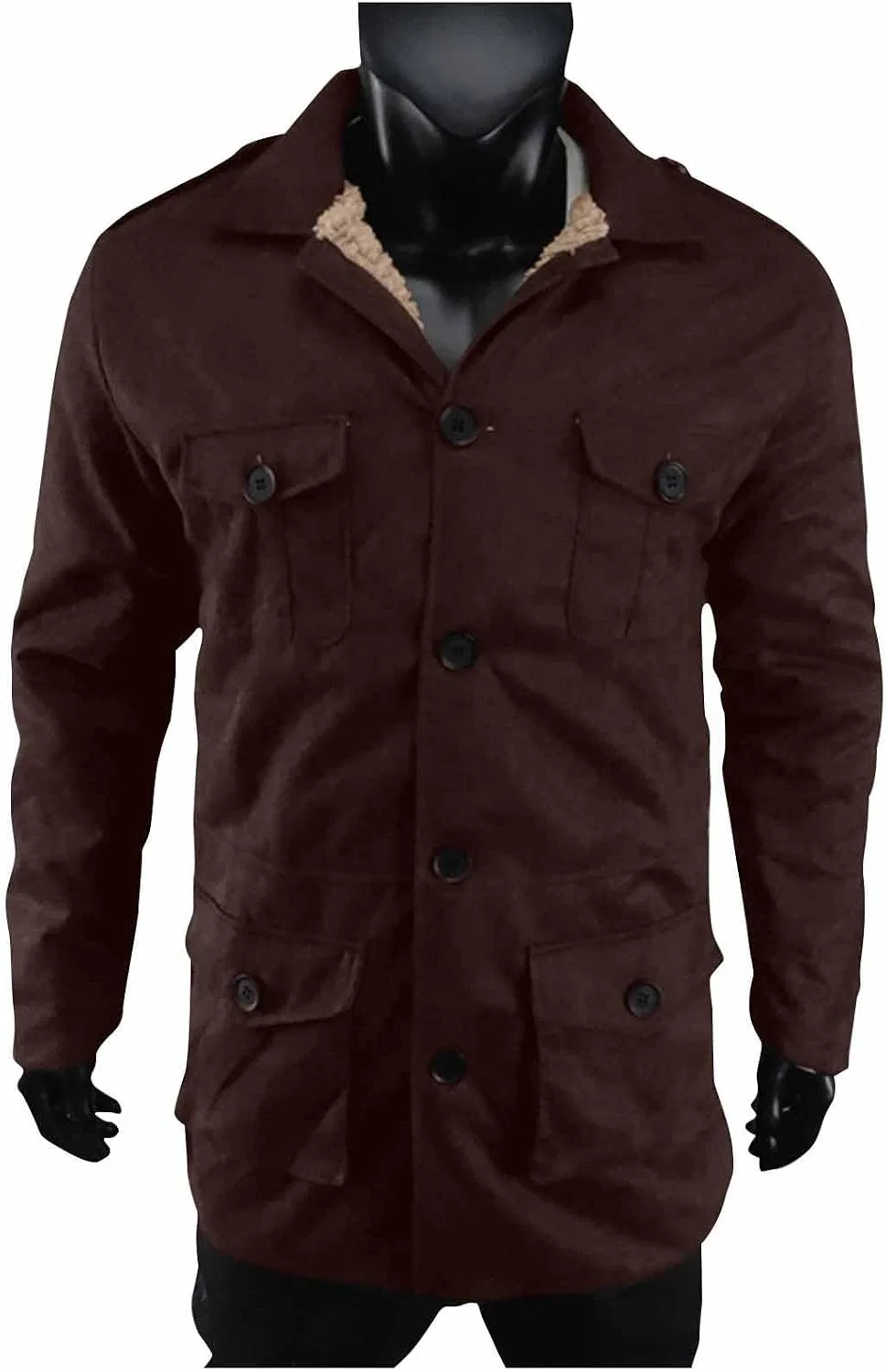 Мужское пальто из искусственной замши с флисом, модель Faux Suede Fleece Long Jacket, кофейный — фото 2