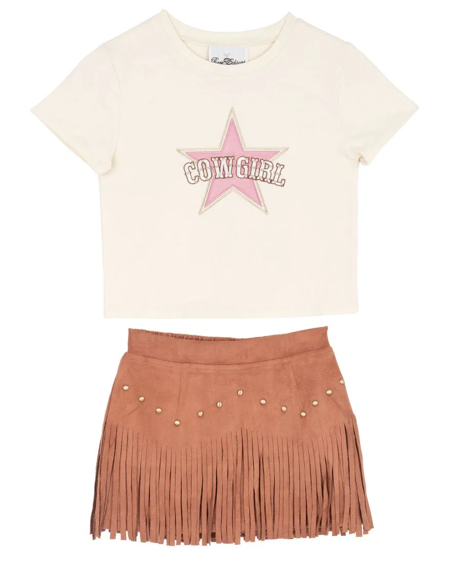 Комплект из футболки с принтом и юбки с бахромой Cowgirl Graphic Knit T-Shirt and Fringe Stud Skirt, 2-Piece Set Rare Editions, Cream