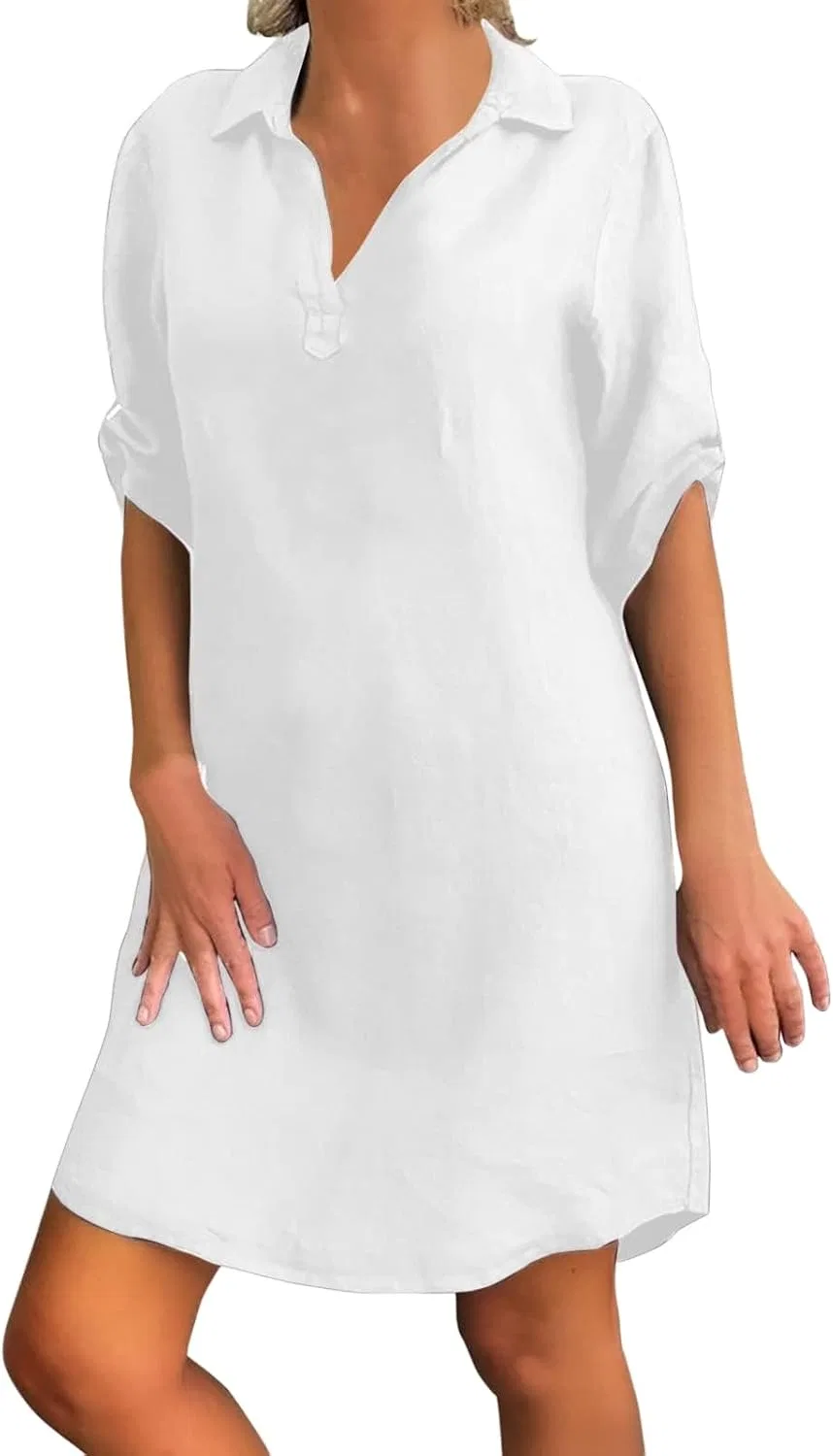 Женское хлопково-льняное платье свободного кроя с коротким рукавом, White