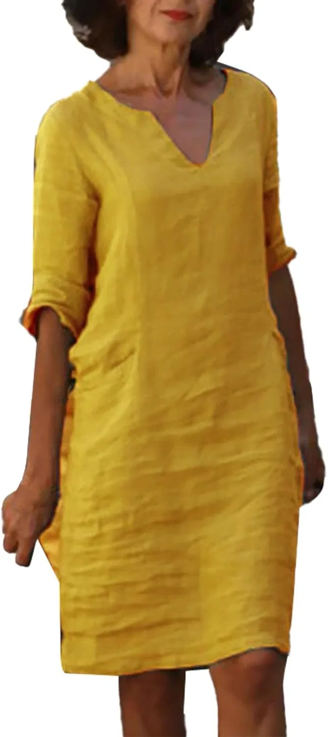 Женское платье миди с V-образным вырезом Cotton Linen, Yellow
