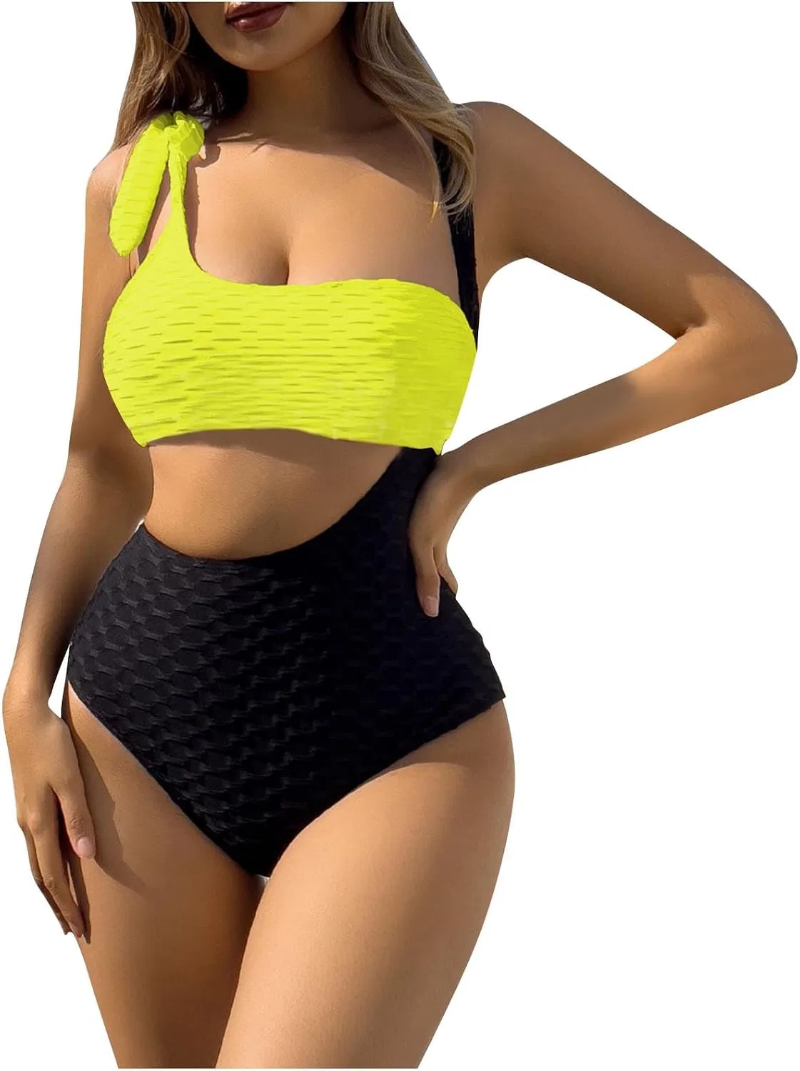Женский цельный купальник с вырезами one shoulder, Yellow