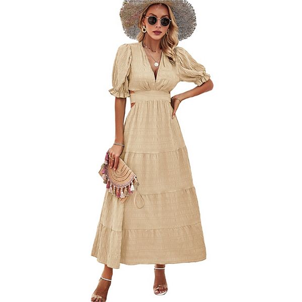

Женское платье с v-образным вырезом и коротким рукавом в стиле фонарик Yesfashion, Khaki