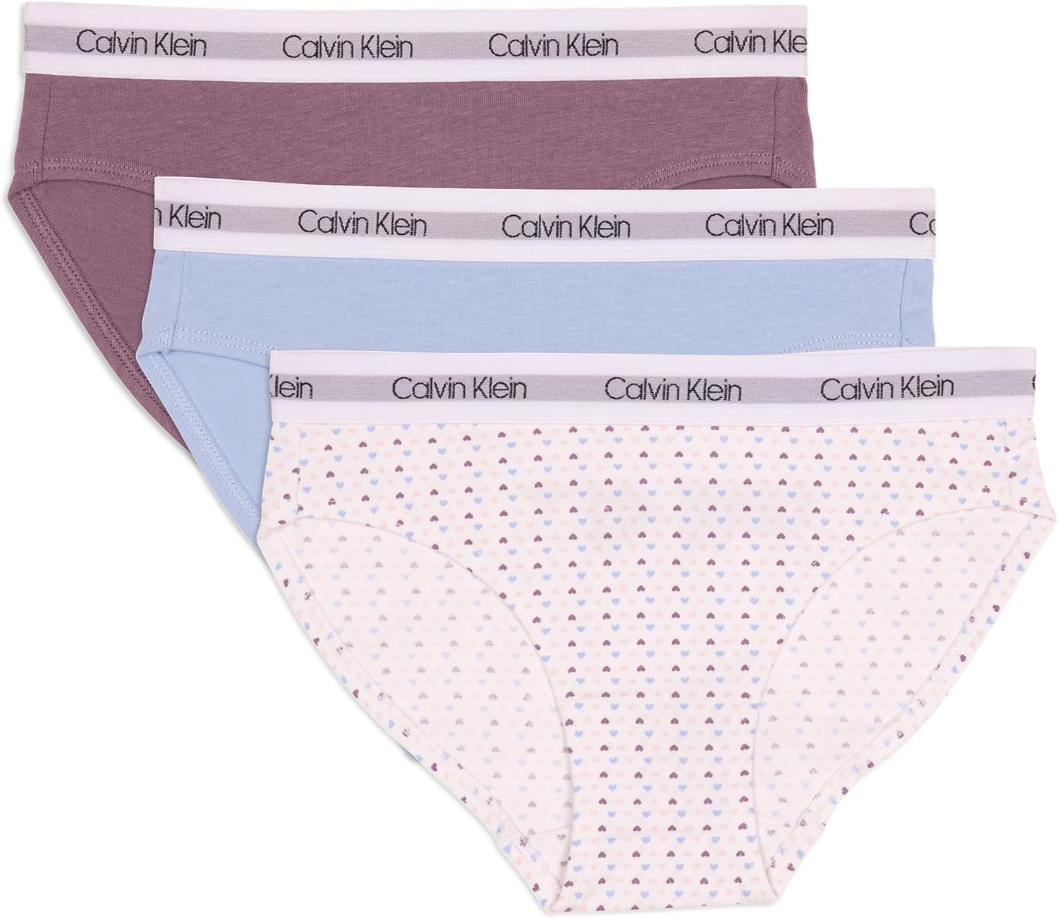 

Комплект из 3 пар хлопкового бикини для девочек Calvin Klein, Pink Multi Heart/Rushing Waters Blue/Refined Plum