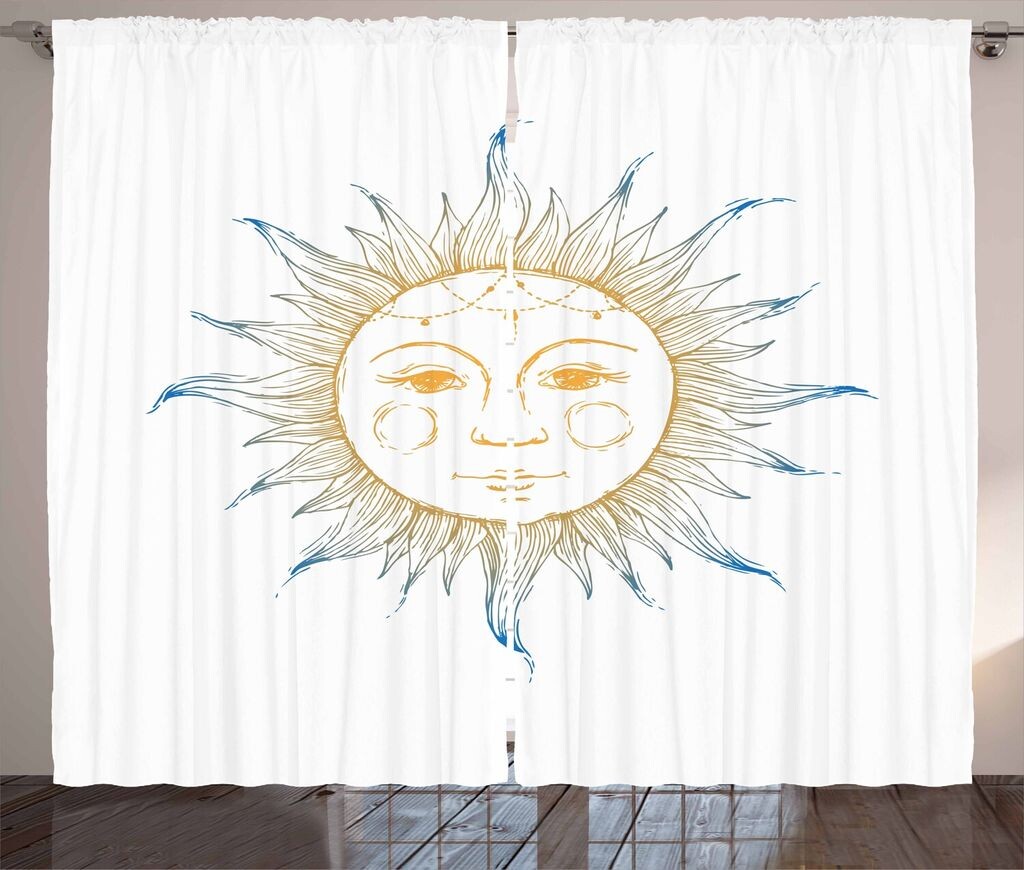 

ABAKUHAUS Sun Rustic Curtain, Художественный мотив ацтекской звезды, Универсальные ленточные шторы для гостиной с петлями и крючками, 280 x 260 см, Абрикосово-белый синий