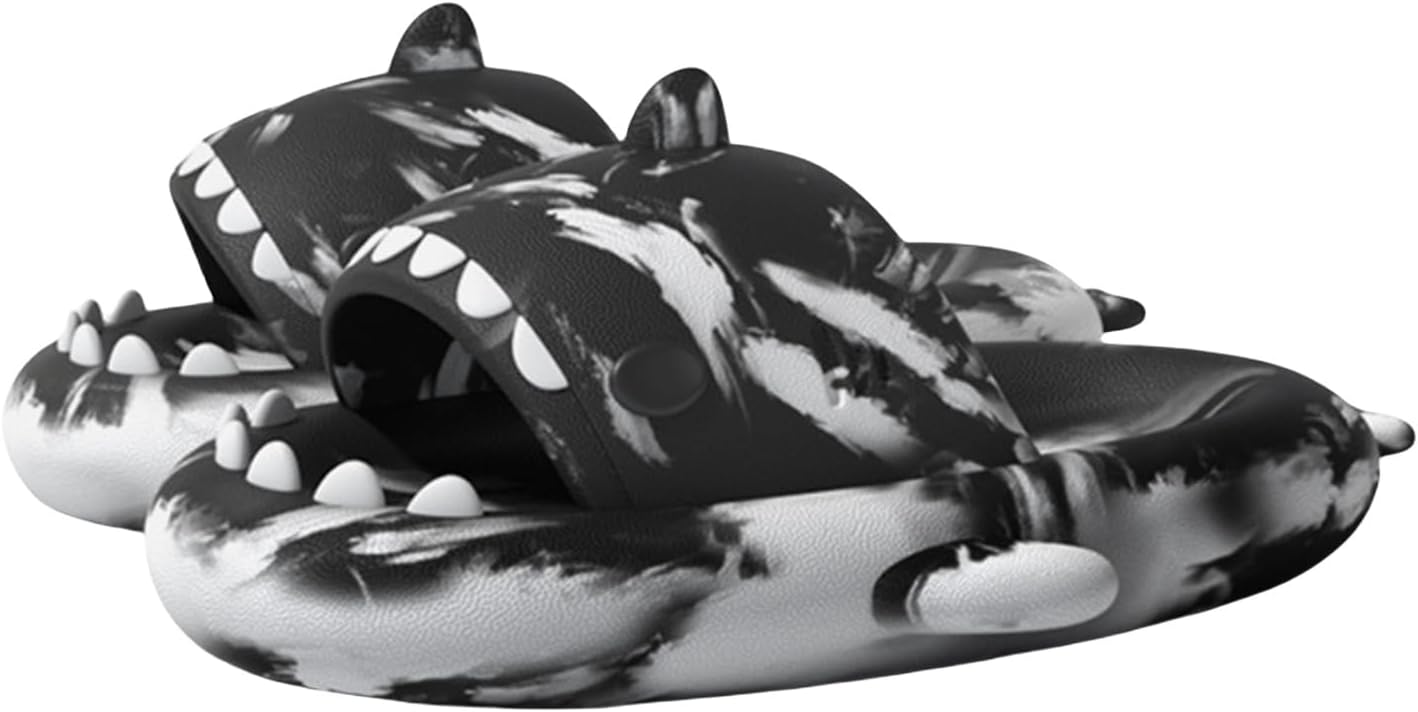 

Тапочки YTHSPNZE в виде акулы, оригинальные и интересные тапочки в виде облачной акулы, нескользящие быстросохнущие тапочки в виде акулы, тапочки из материала EVA в виде акулы «Звездный свет», белый/черный