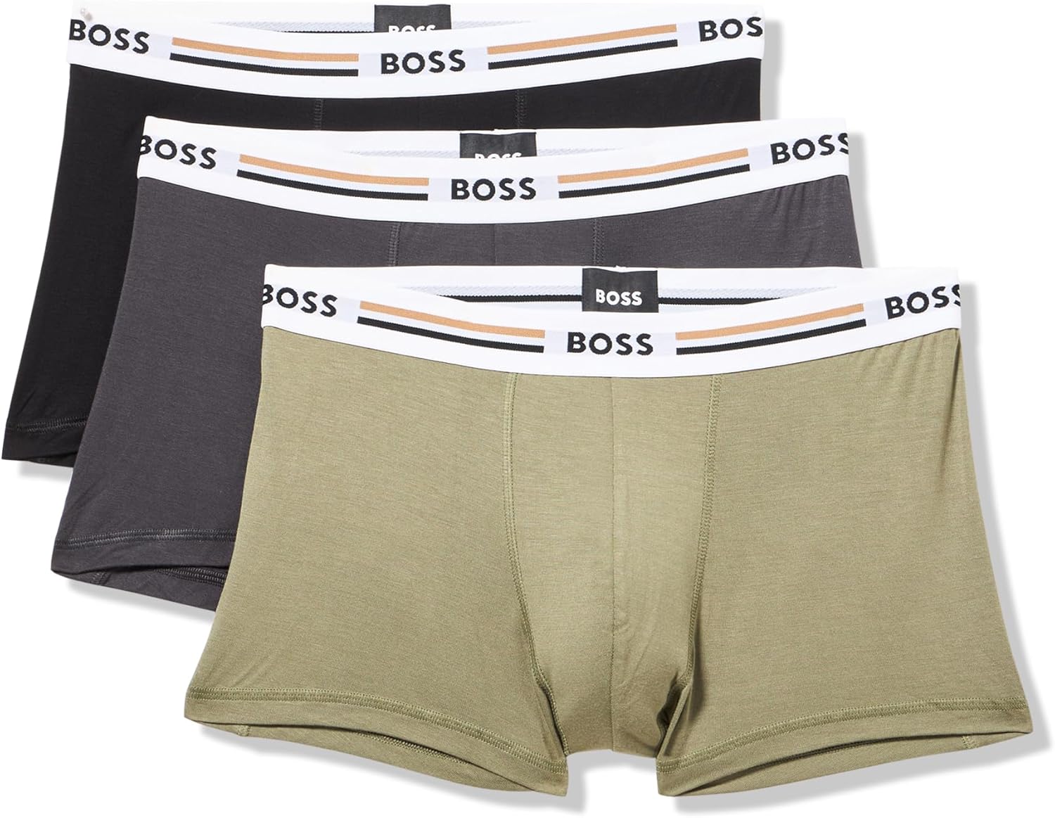 

BOSS мужские трусы-боксеры Iconic Stripe с 3 полосками на поясе, Black/Asphalt/Kalamata Green