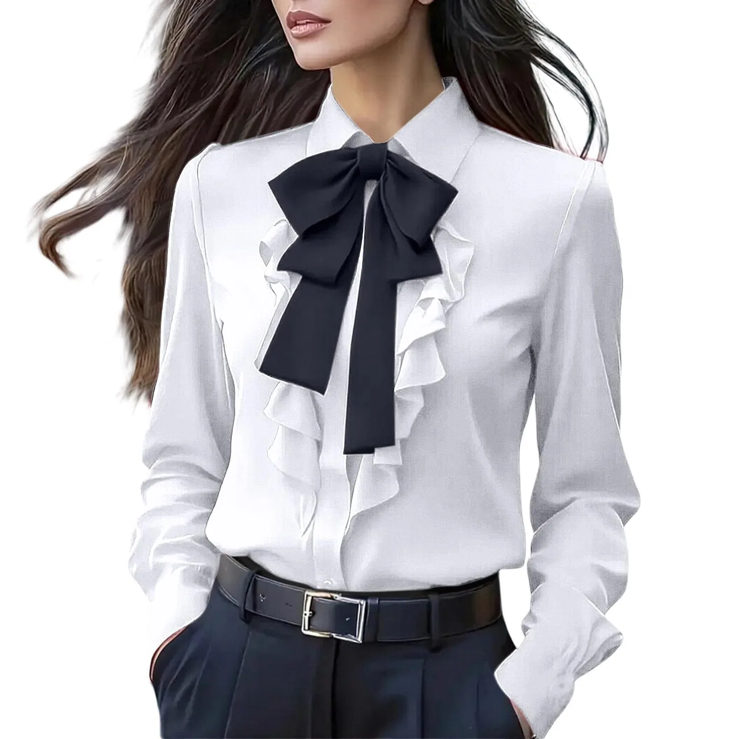Женская блузка с длинным рукавом с бантом Elegant Work Shirt, Satin 04-white