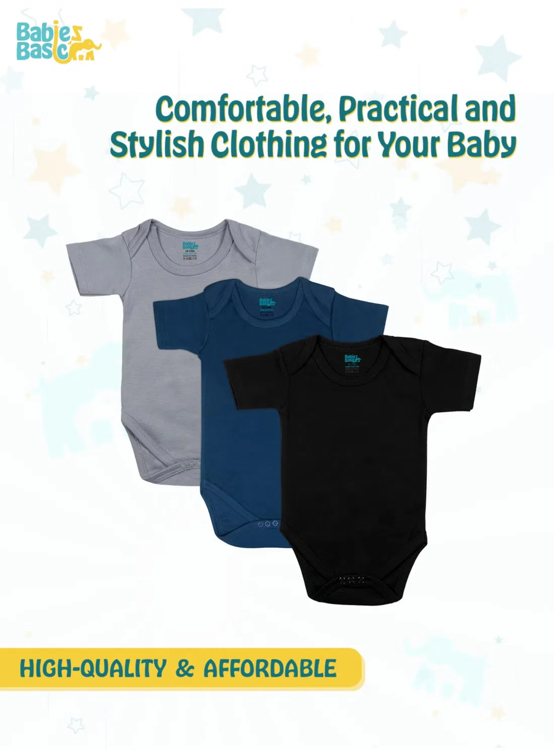 Боди-комбинезон с коротким рукавом, комплект из 3 штук, Babies Basic, черный, темно-синий, серый — фото 2