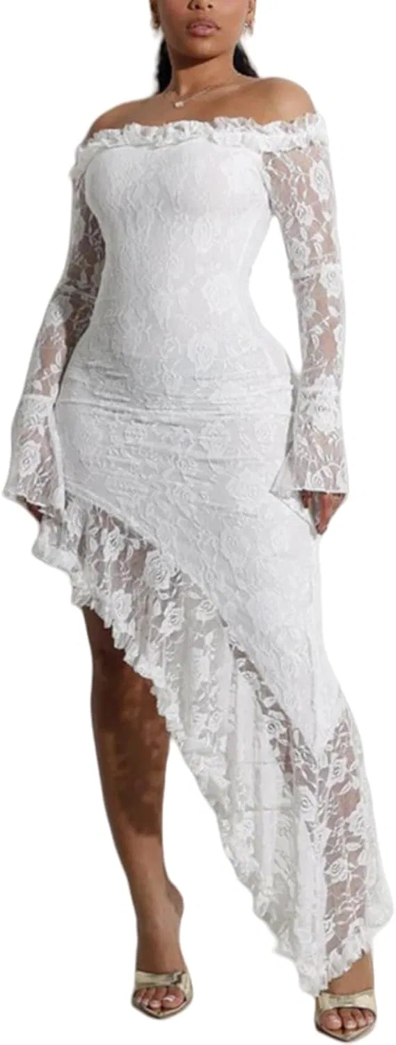 Женское платье с кружевом и асимметричным подолом, White