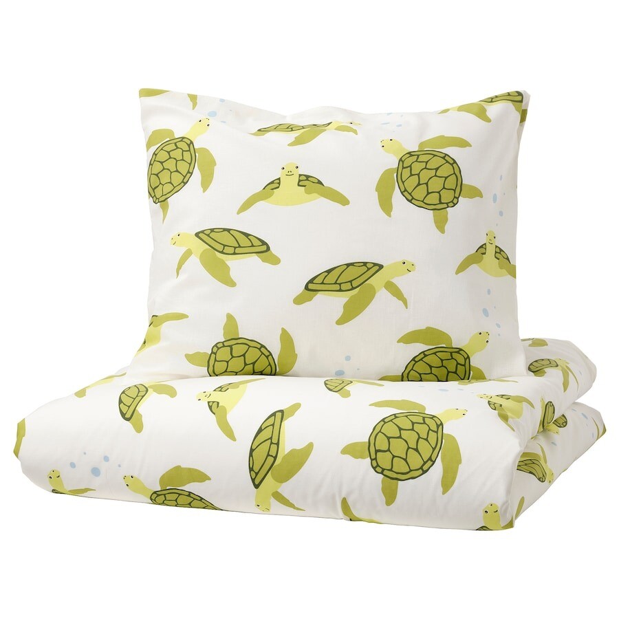 

Постельное белье Ikea Blavingad Duvet Cover And Pillowcase Turtle Pattern, 150x200/50x60 см, зеленый/белый