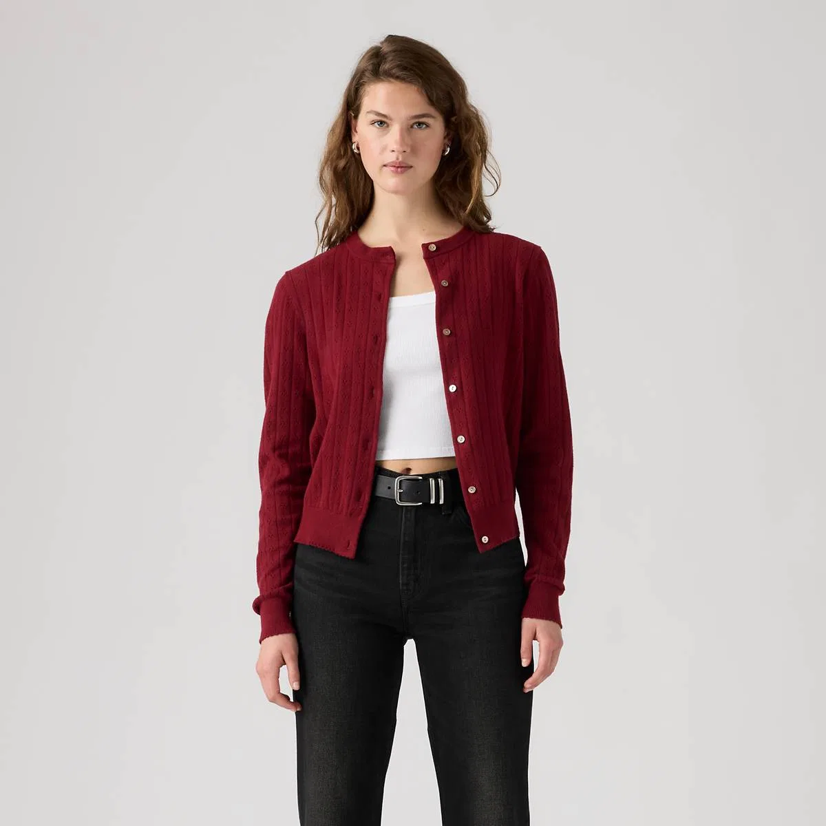 Очень мягкий ажурный кардиган с круглым вырезом Levi's, Warm Cabernet - Red — фото 3