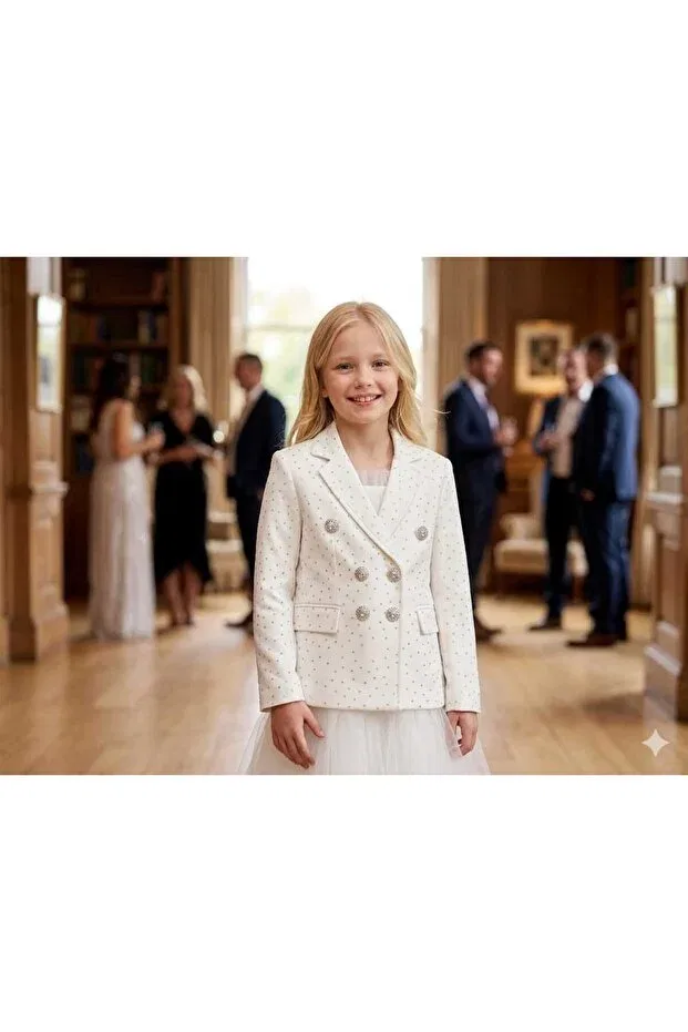 Детский блейзер для девочек с принтом Mother Daughter Stone Detailed Blazer Jacket Hilal Akıncı Kids, White