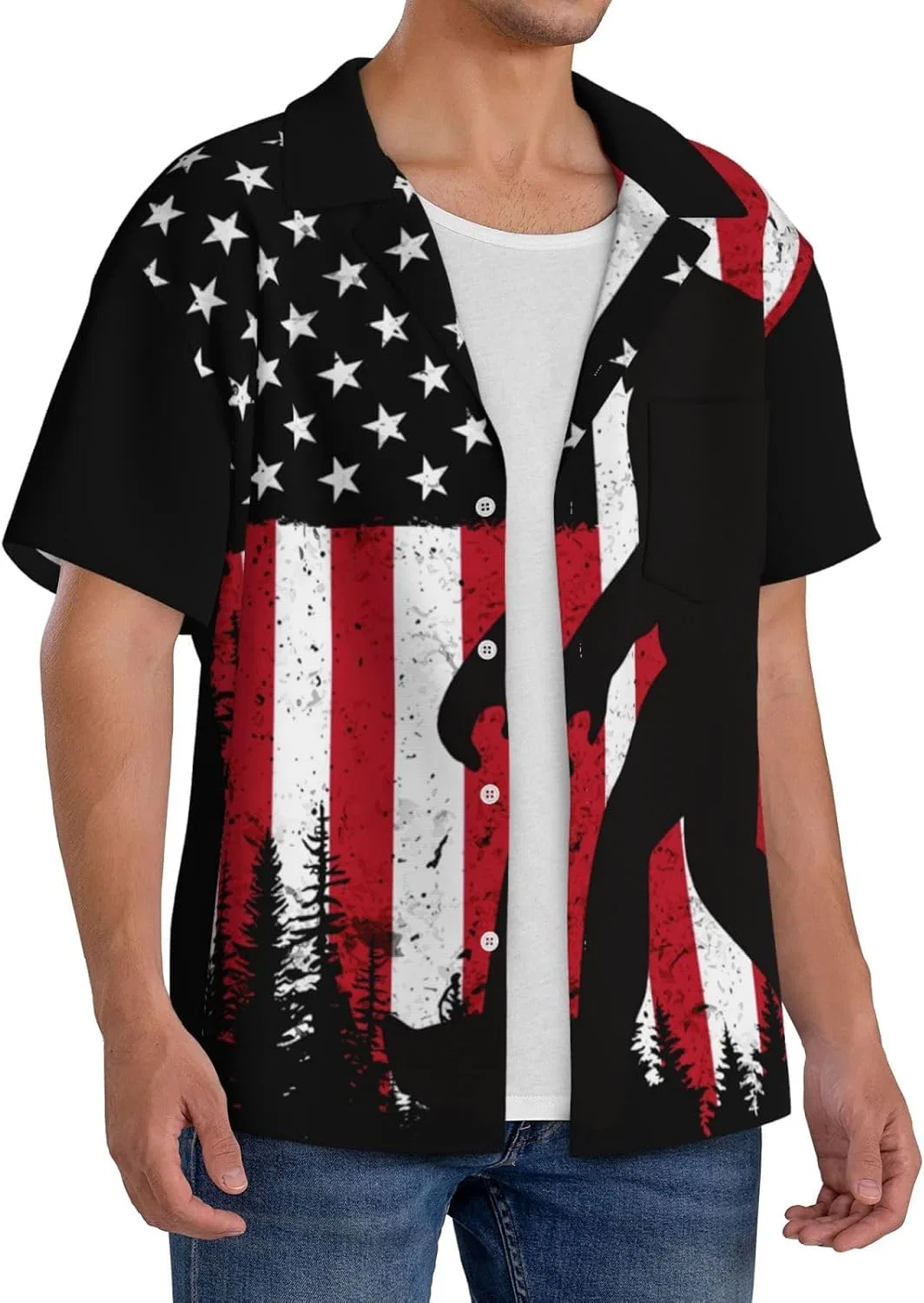 Мужская свободная рубашка с коротким рукавом и кубинским воротником Bigfoot Trees, Vintage Bigfoot America Flag — фото 2