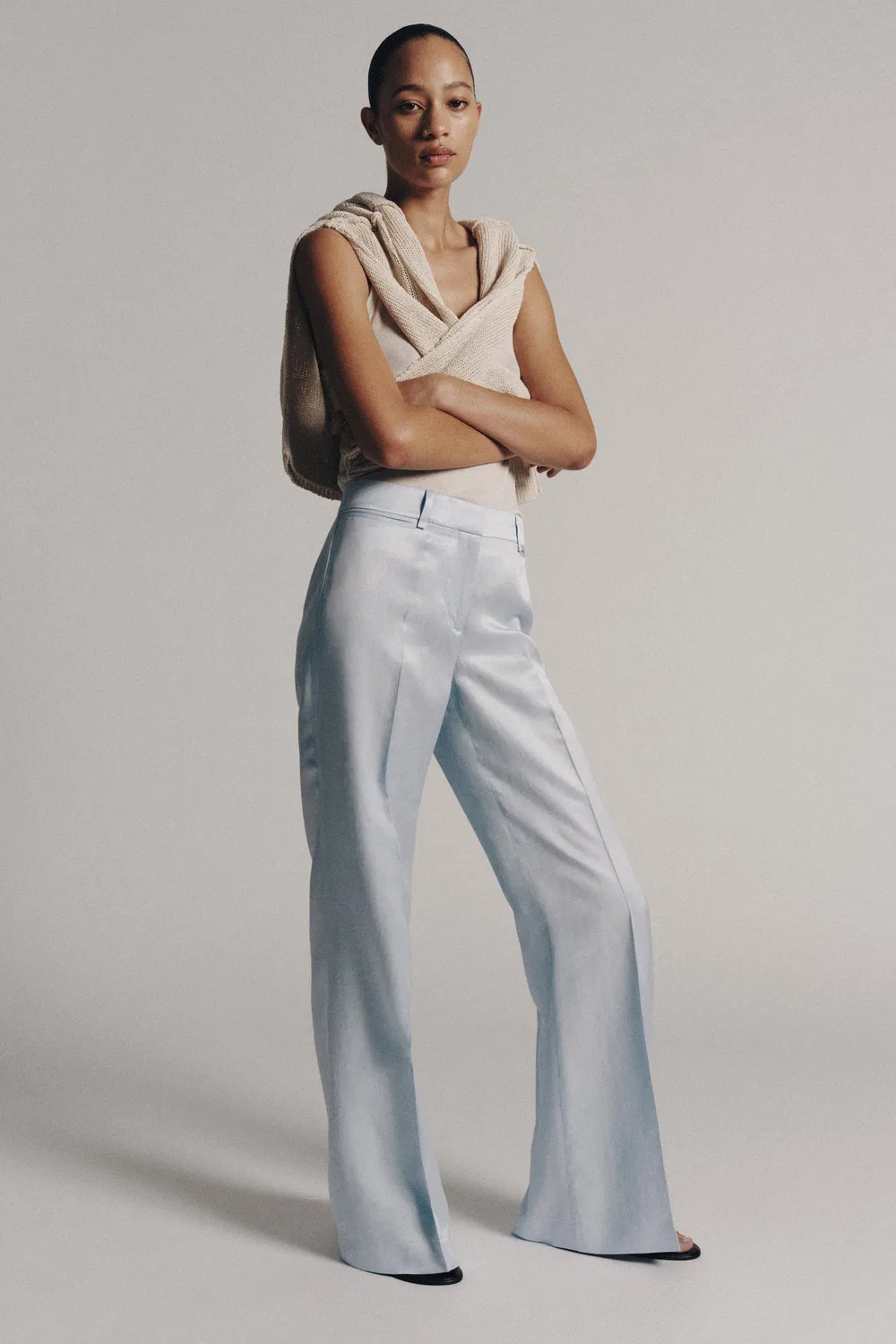 Расклешенные брюки из льняной смеси, коллекция ZW ZARA, Light blue
