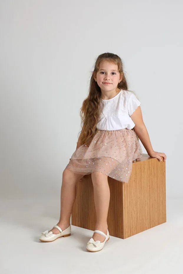Детские балетки для девочек с принтом Princesa ribbon detailed girls' ballerina shoes pearl color Kids A More, Sedef — фото 4