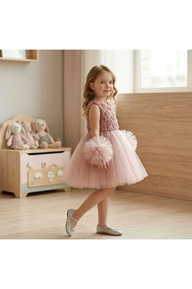 Детское платье для девочек с принтом Pompom sleeves rose patterned tulle party and birthday dress Delfini Kids, Powder — фото 3