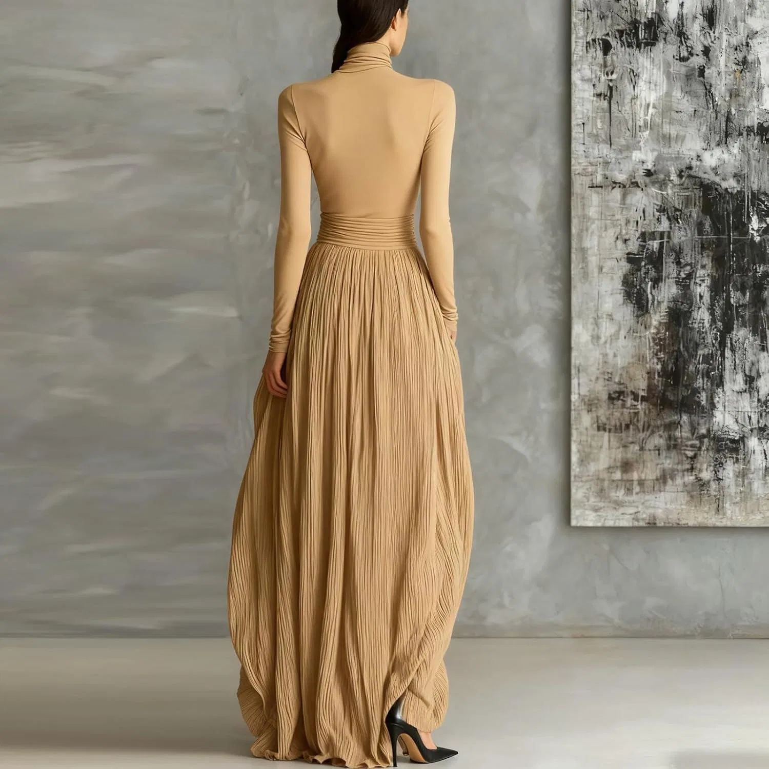 Женское платье миди с поясом V-образным вырезом Casual Chic, Camel — фото 3