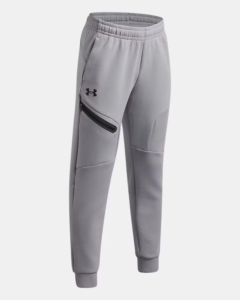 Детские джоггеры для мальчиков 63,5 см из мягкого двойного трикотажа UA Unstoppable Fleece UnderArmour, Mod Gray/Black — фото 3