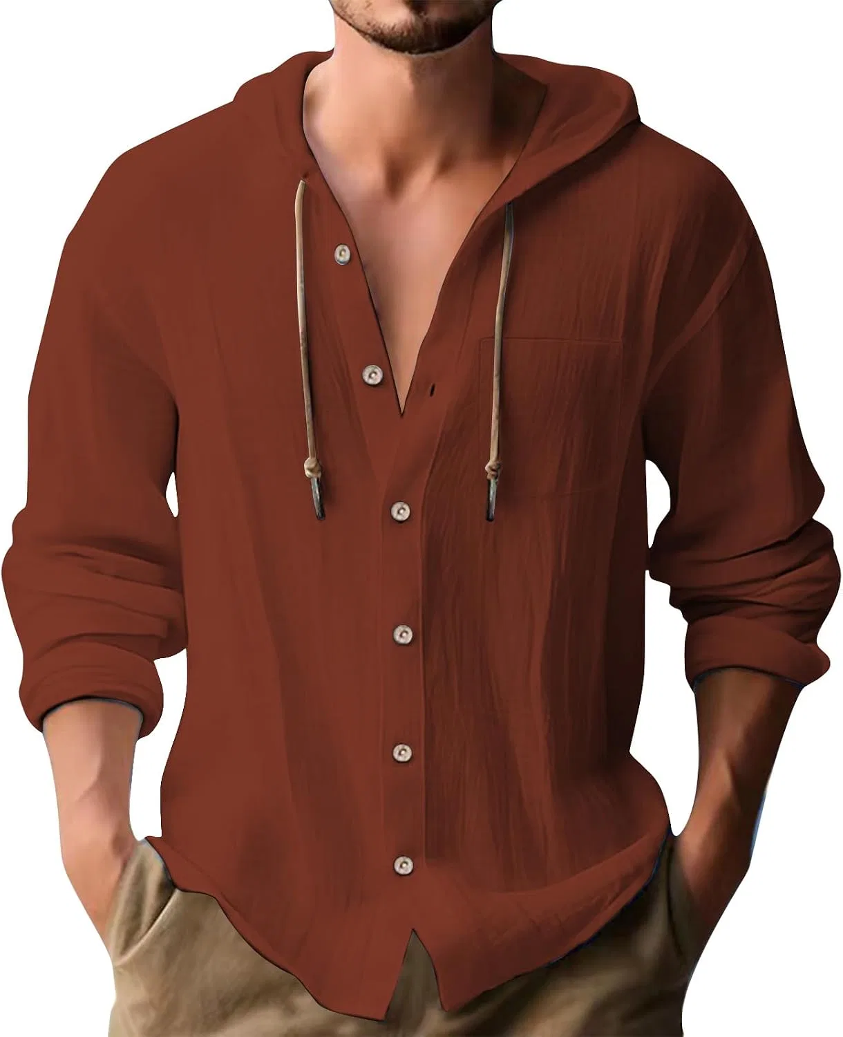 Мужская хлопково-льняная футболка с капюшоном Cotton Linen Hoodies, Brick Red