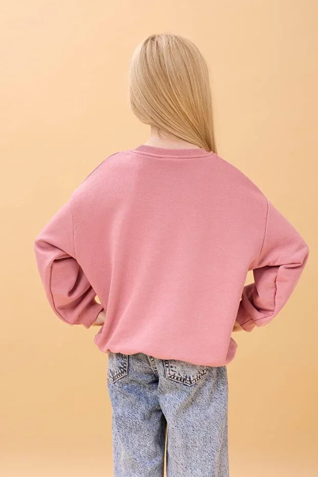 Детские свитшот для девочек с вышивкой Giraffe Embroidered Seasonal Oversize Perendi, Dried Rose — фото 3