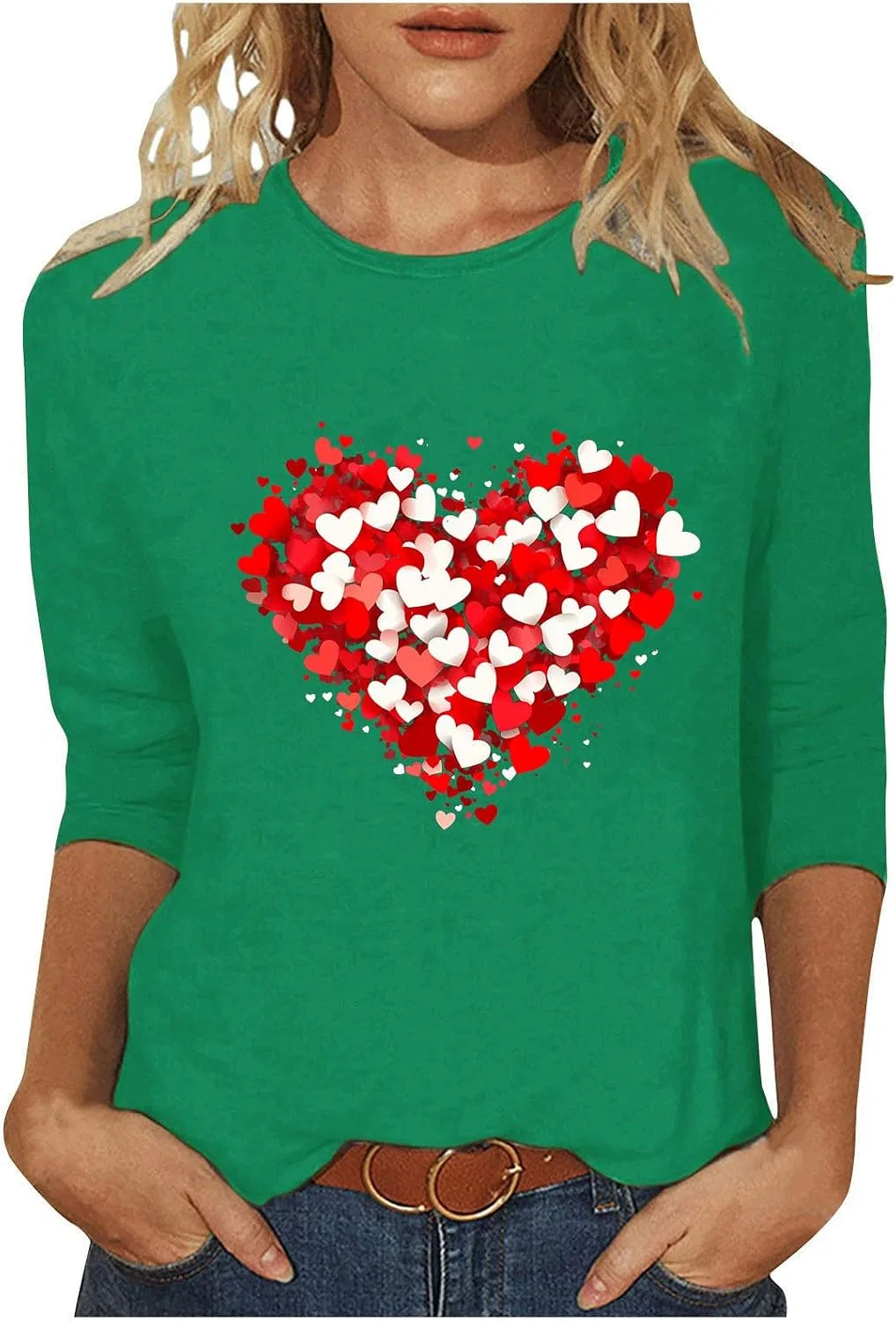 Женская туника с принтом сердца, 3/4 рукав Valentines, Green-4