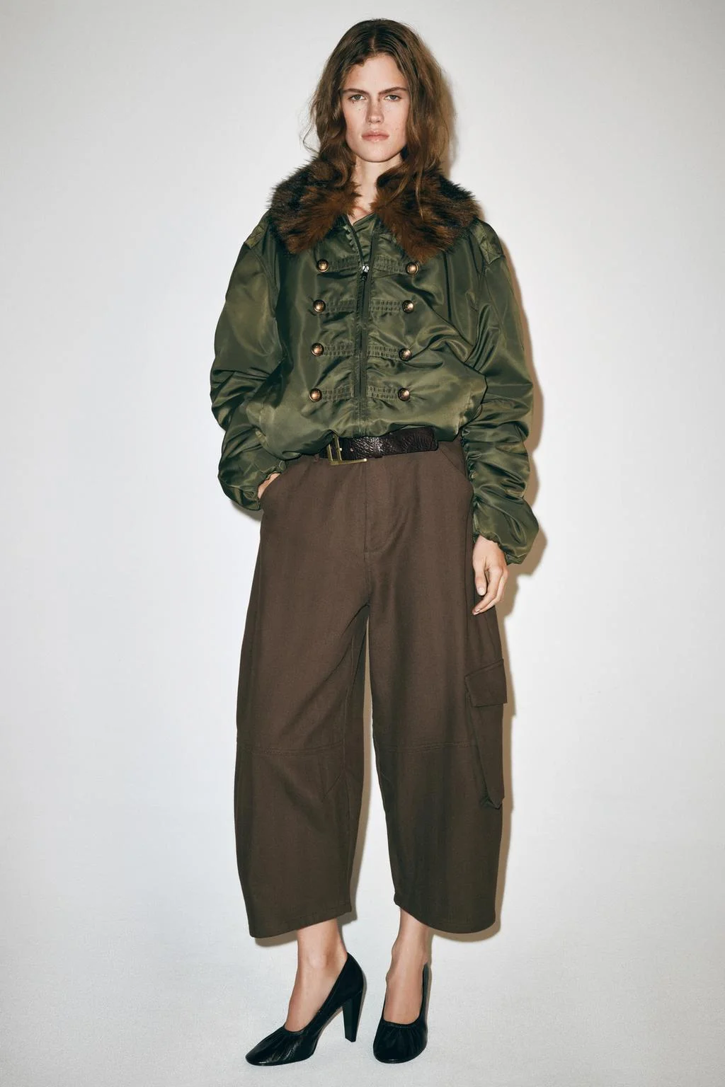 Куртка Zara Bomber Nylon Cuello Efecto Pelo ZW Collection, средне-зеленый — фото 4