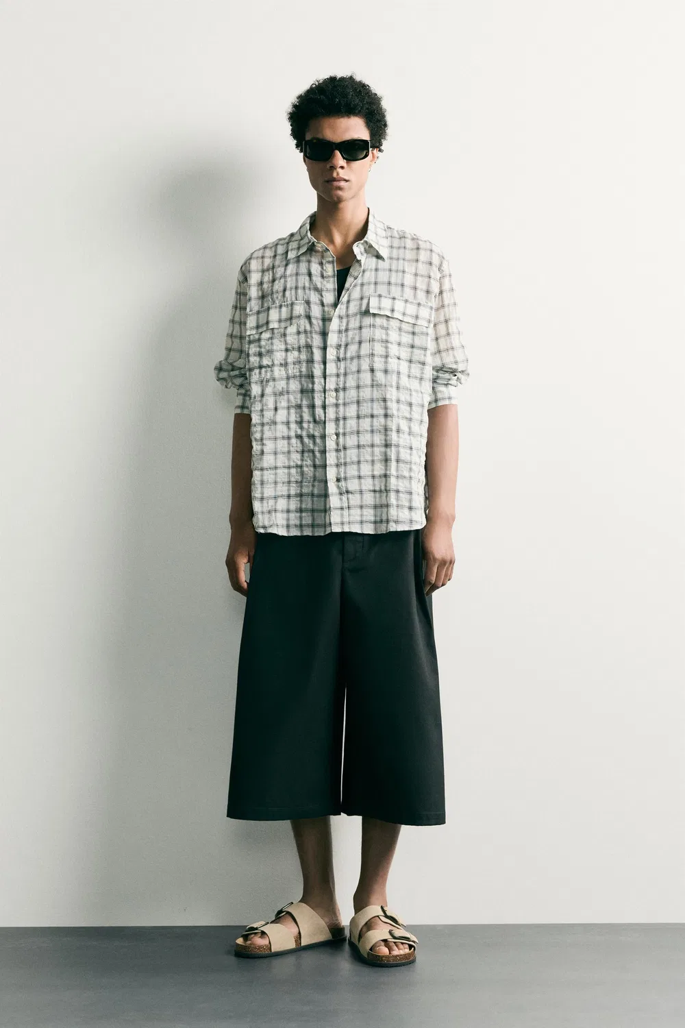 Рубашка свободного кроя в клетку с текстурой ZARA, Oyster-white