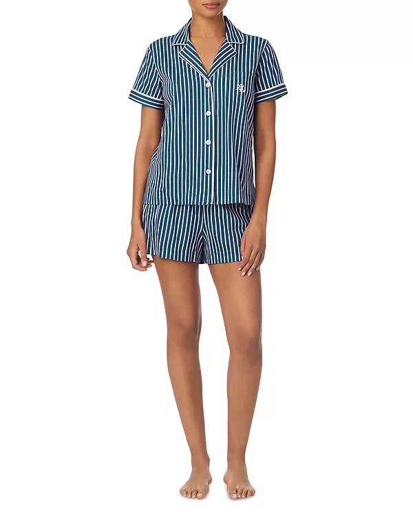 Женская пижама с рубашкой и шортами Short Sleeve Classic Knits Notch Collar Boxer Pajama Set Ralph Lauren, Multi Stripe