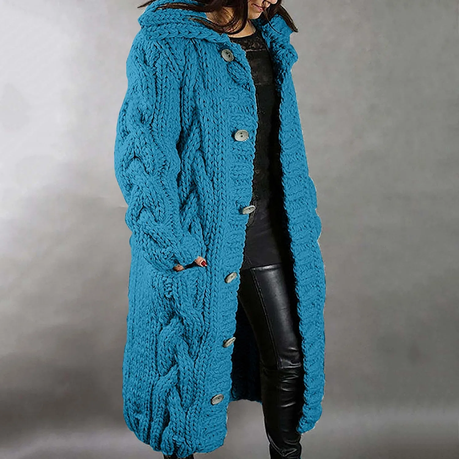 Женский кардиган с пуговицами из объемной вязки, Oversized Long Solid Color Stand Collar Casual Jackets, Blue Sky — фото 4