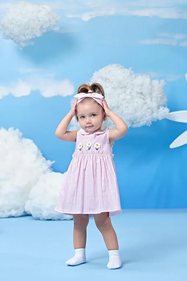 Детское платье для девочек с принтом Gingham Daisy Stripe Minycenter, Pink — фото 3