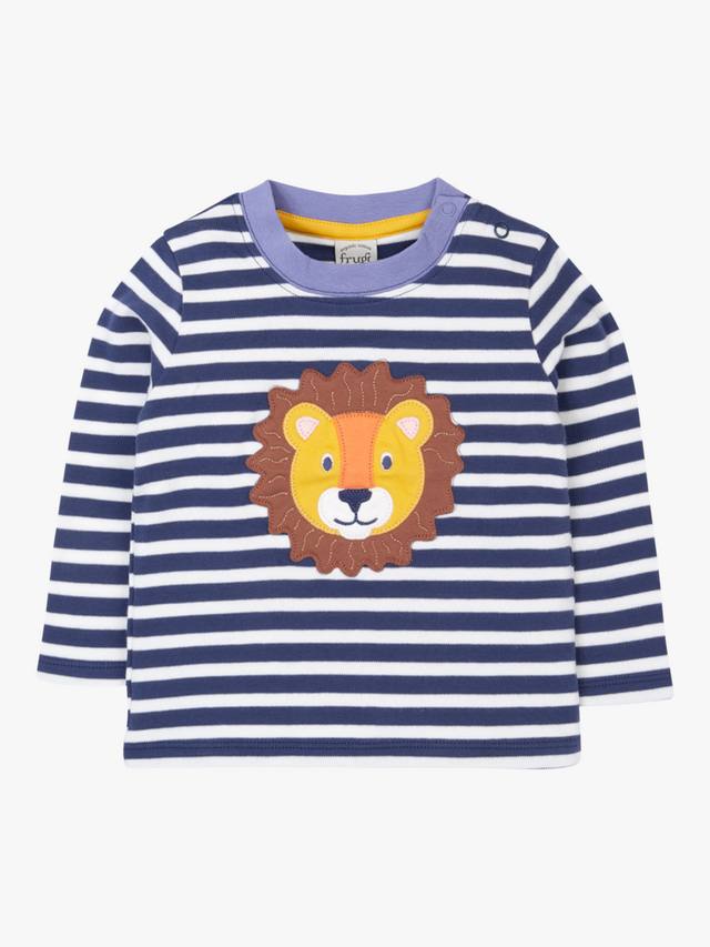 

Детская хлопковая футболка с аппликацией Discovery и длинными рукавами Frugi, Navy Stripe/Lion