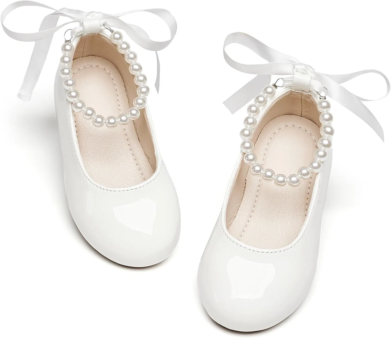 Детские туфли-балетки для девочек с жемчужным ремешком PHIRAMIN, Patent White Pearl Strap