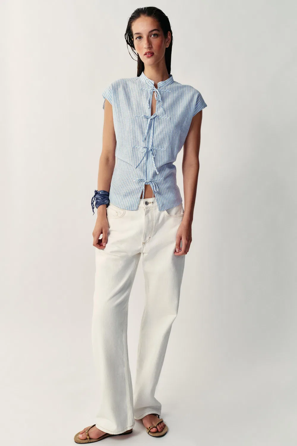 Блузка в полоску из металлизированной нити с бантиками. ZARA, Blue/White